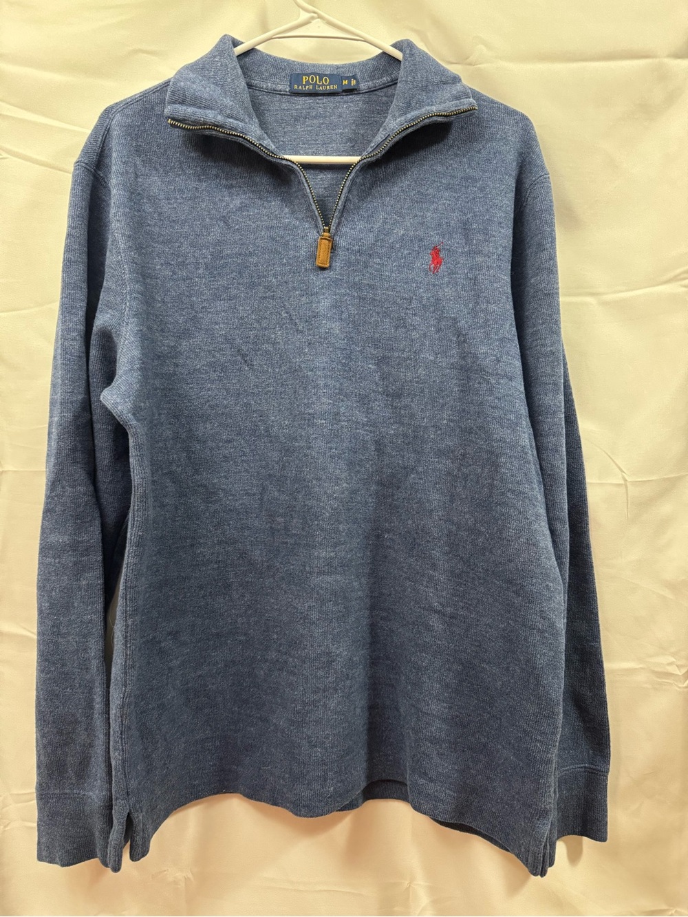 Ralph Lauren Men’s Indigo Blue Quarter-Zip Sweater red accent 100% Cotton